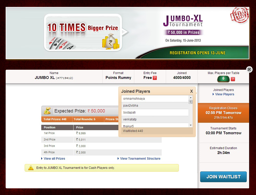 JumboXL Rummy Tournament on RummyTu OverSubscribed